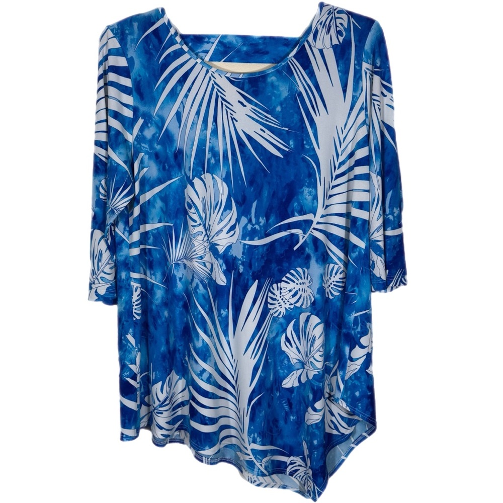 Clara Sun Woo Asymmetrical Tropical Palm Leaf Tunic Top Blouse L Blue White